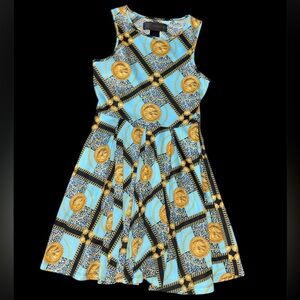 Kardashian kollection Blue and Gold princess cute mini dress gold chain XS